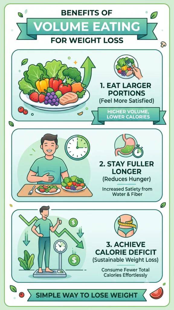 An infographic titled "Benefits of Volume Eating for Weight Loss" with a 9:16 aspect ratio. It illustrates three key steps: Eat Larger Portions: Shows a plate filled with fruits, vegetables, and lean protein, highlighting higher volume with lower calories. Stay Fuller Longer: Displays a person feeling satisfied after a meal, noting that water and fiber increase satiety to reduce hunger. Achieve Calorie Deficit: Shows a person on a scale with a downward trend line, representing sustainable weight loss by consuming fewer total calories effortlessly.