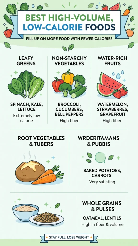 This infographic titled "Best High-Volume, Low-Calorie Foods" showcases foods that help you feel full while consuming fewer calories. Key categories include leafy greens, non-starchy vegetables, water-rich fruits, root vegetables, and whole grains and pulses.

