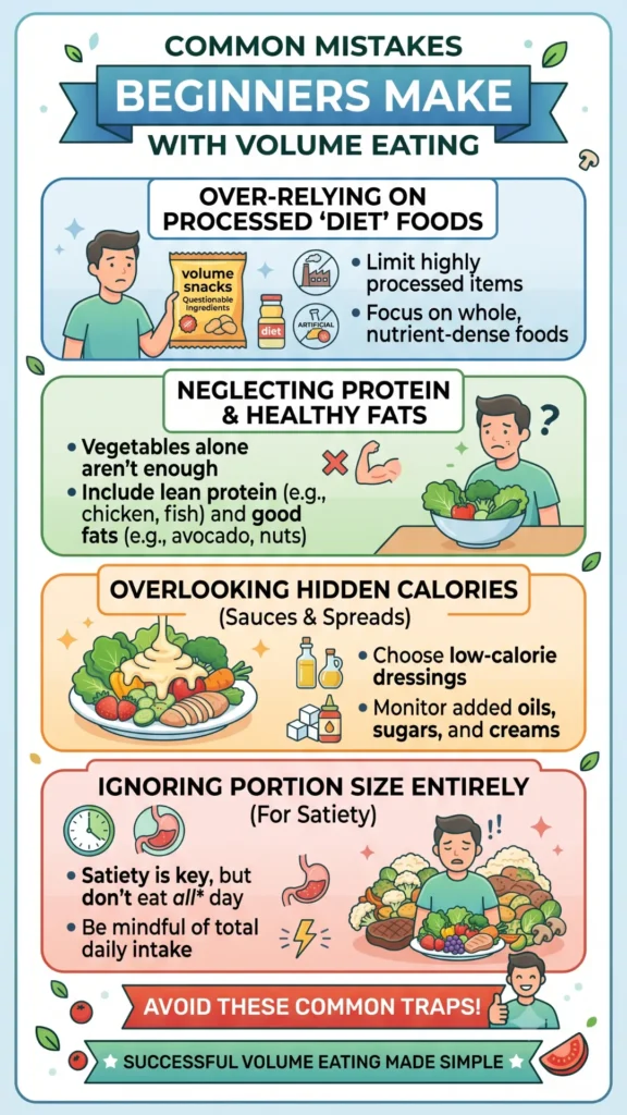 An infographic titled "Common Mistakes Beginners Make with Volume Eating" outlines four key errors: Over-relying on processed "diet" foods: Highlights the need to limit highly processed items and focus on whole, nutrient-dense foods. Neglecting protein and healthy fats: Explains that vegetables alone are not enough and crucial macronutrients like chicken and avocado should be included. Overlooking hidden calories: Warns about high-calorie sauces and spreads, advising to choose low-calorie dressings. Ignoring portion size entirely: Reminds viewers that while satiety is key, total daily intake must still be considered.
