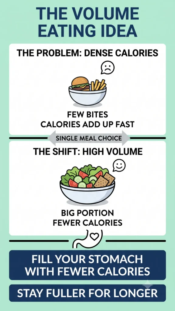 An infographic contrasting "Dense Calories" with "High Volume" eating choices. On top, a burger and fries meal is labeled "FEW BITES, CALORIES ADD UP FAST," with an unhappy face. Below, a large salad bowl is labeled "BIG PORTION, FEWER CALORIES," with a happy face. An arrow between them indicates "SINGLE MEAL CHOICE." Bottom text boxes summarize: "FILL YOUR STOMACH WITH FEWER CALORIES" and "STAY FULLER FOR LONGER."
