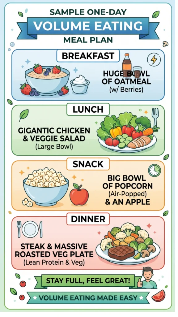 This ALT text describes an infographic for a one-day volume eating meal plan that focuses on large portions of low-calorie foods to keep you full and satisfied. The image outlines four meals:

Breakfast: A huge bowl of oatmeal with berries and a side of yogurt.

Lunch: A gigantic chicken and veggie salad.

Snack: A big bowl of air-popped popcorn and an apple.

Dinner: A steak and massive roasted vegetable plate.
