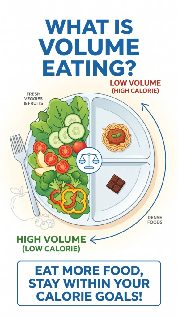 An infographic explaining volume eating, showing a plate divided between a large portion of fresh vegetables and a small portion of calorie-dense foods like pasta and chocolate, with the text: "Eat more food, stay within your calorie goals!"
