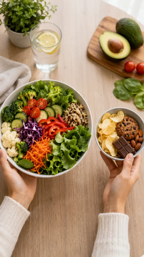 Sample day of volume eating meals featuring high-volume low-calorie foods, including fruits, vegetables, lean protein, whole grains, soup, yogurt, and healthy snacks for sustainable weight loss.
