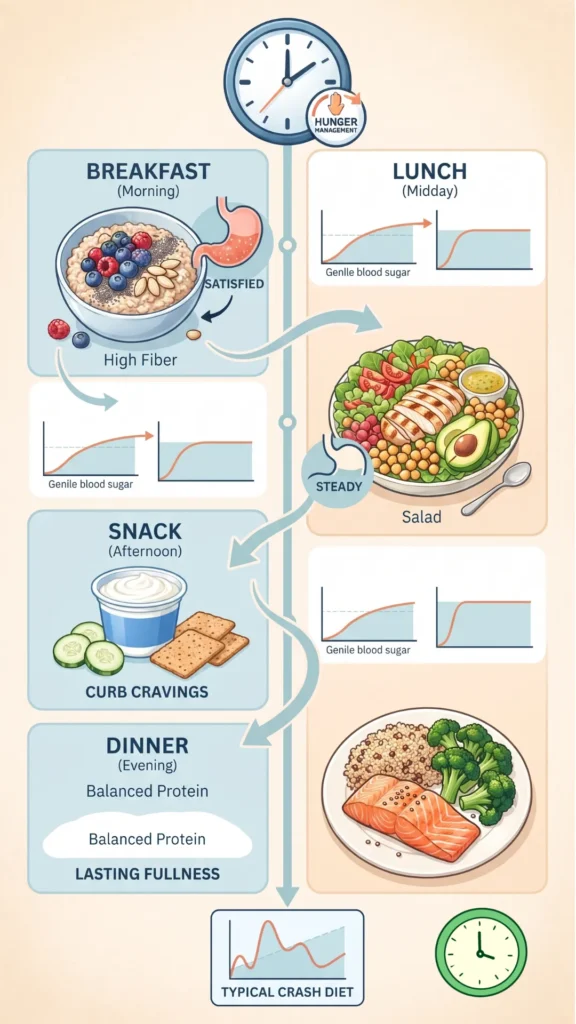 ALT text: Infographic providing a sample hunger-controlled day of eating, featuring balanced meals for breakfast, lunch, and dinner, without text headings.

