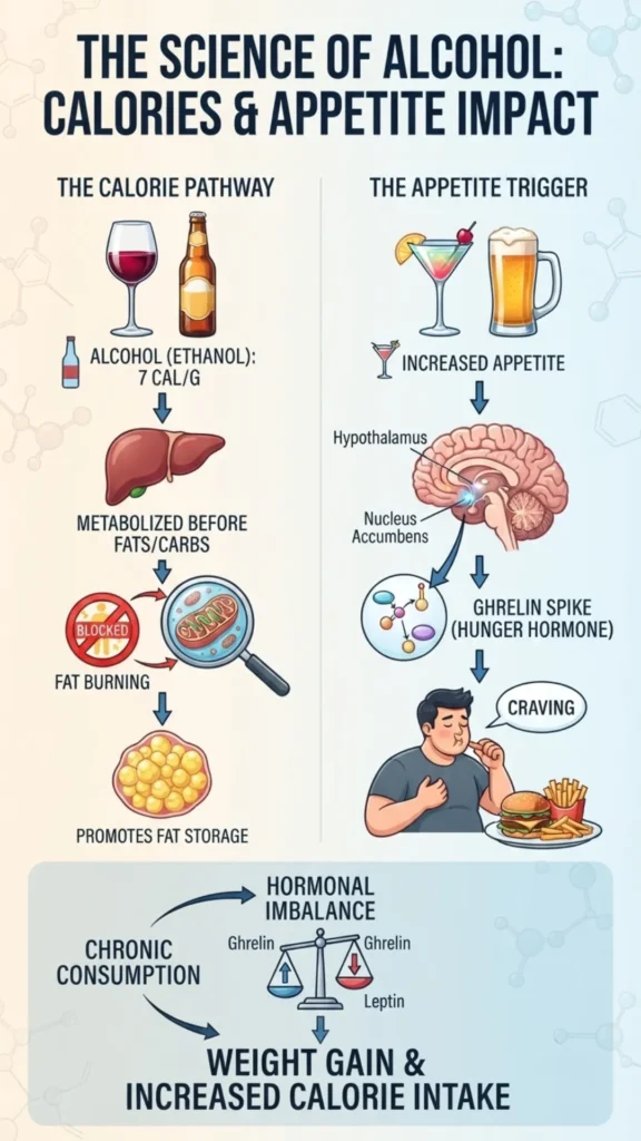 Infographic illustrating the science of alcohol, showing how it triggers a ghrelin spike in the brain leading to cravings and overeating, while also blocking fat burning and promoting fat storage, causing weight gain.
