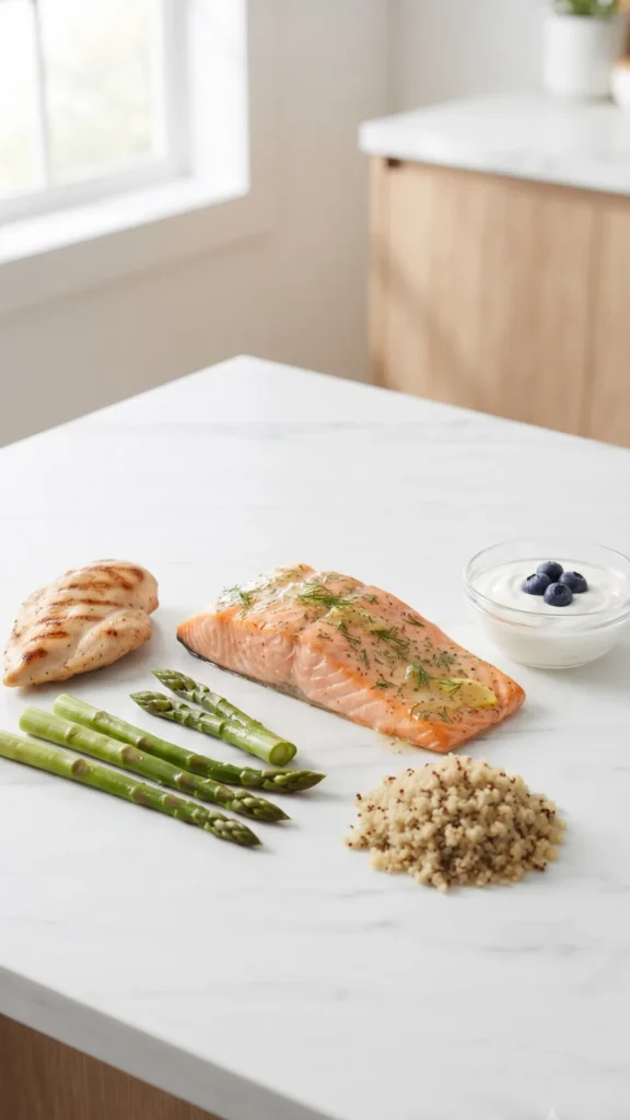A clean, high-angle shot of lean protein sources laid out on a white marble kitchen counter: a cooked salmon fillet, a grilled chicken breast, a small bowl of quinoa, and a small bowl of Greek yogurt with blueberries, next to asparagus spears.
