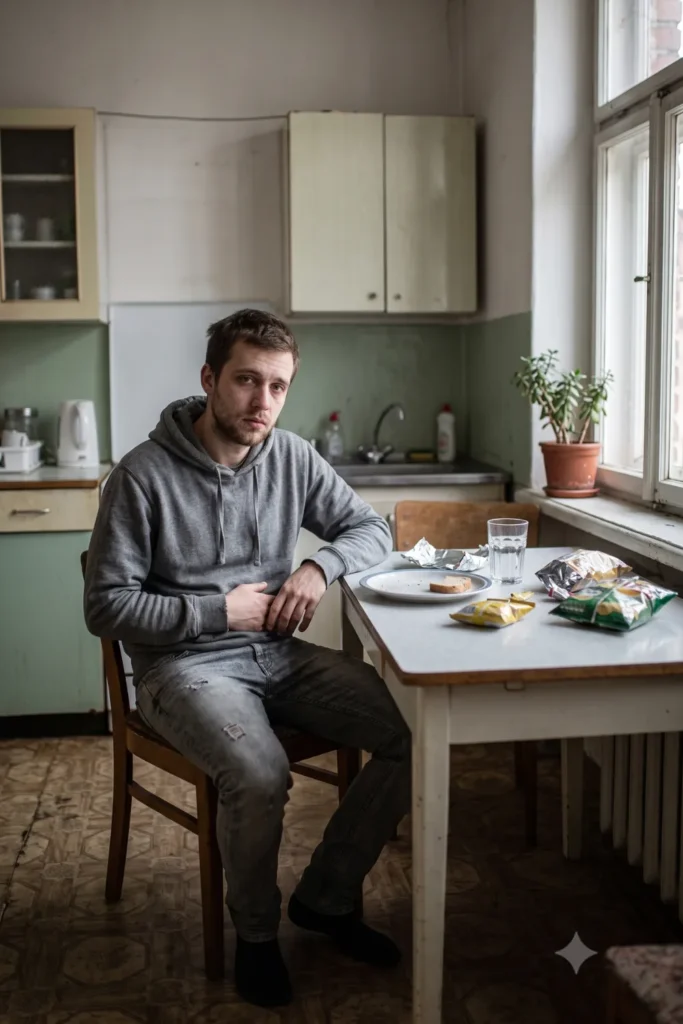 A man sitting at a kitchen table holding his stomach, with a nearly empty plate and snack bags nearby.