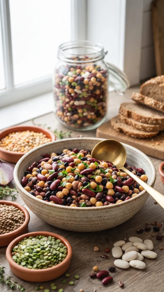 A rustic, high-angle still life of legumes on a wooden counter, featuring a large bowl of mixed cooked beans and smaller bowls of raw lentils, split peas, and white beans. A brass ladle rests in the central bowl.
