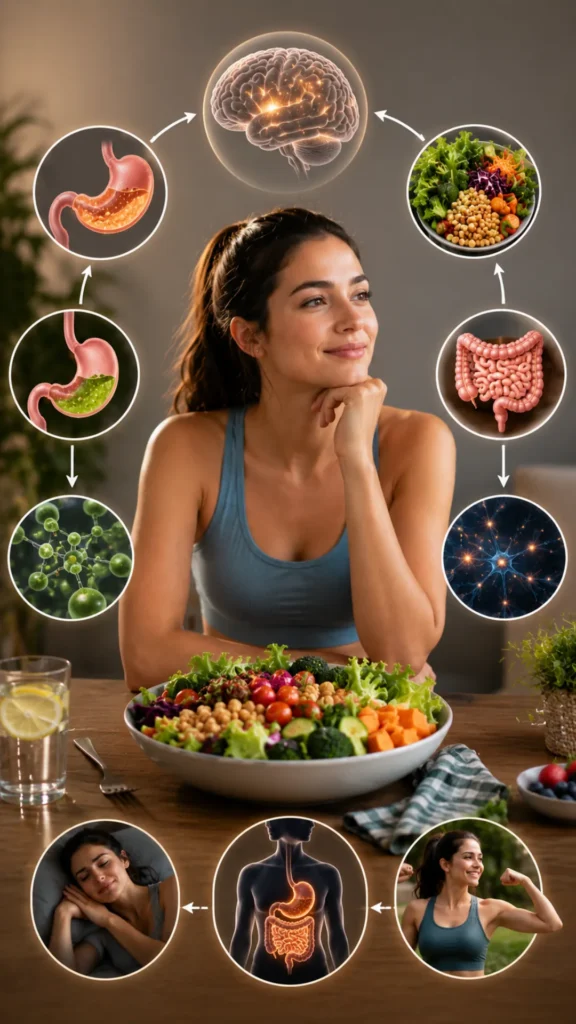 Woman enjoying a healthy volume eating meal while experiencing benefits beyond weight loss, including better digestion, energy, sleep, appetite control, and overall well-being.
