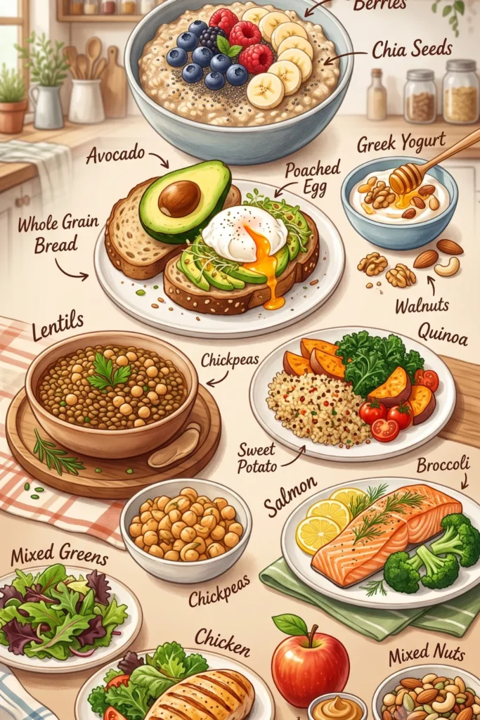 showcasing various nutrient-dense foods like oatmeal, salmon, and vegetables to help manage hunger.										

