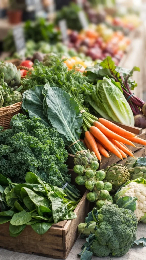 A vibrant market display featuring wooden crates and baskets overflowing with fresh, high-fiber vegetables, including leafy kale, spinach, carrots, broccoli, cauliflower, and artichokes,
