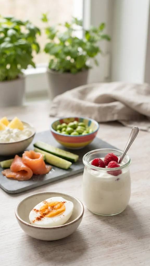 High-protein low-calorie snacks on a table: yogurt with raspberries, a halved egg, edamame,
