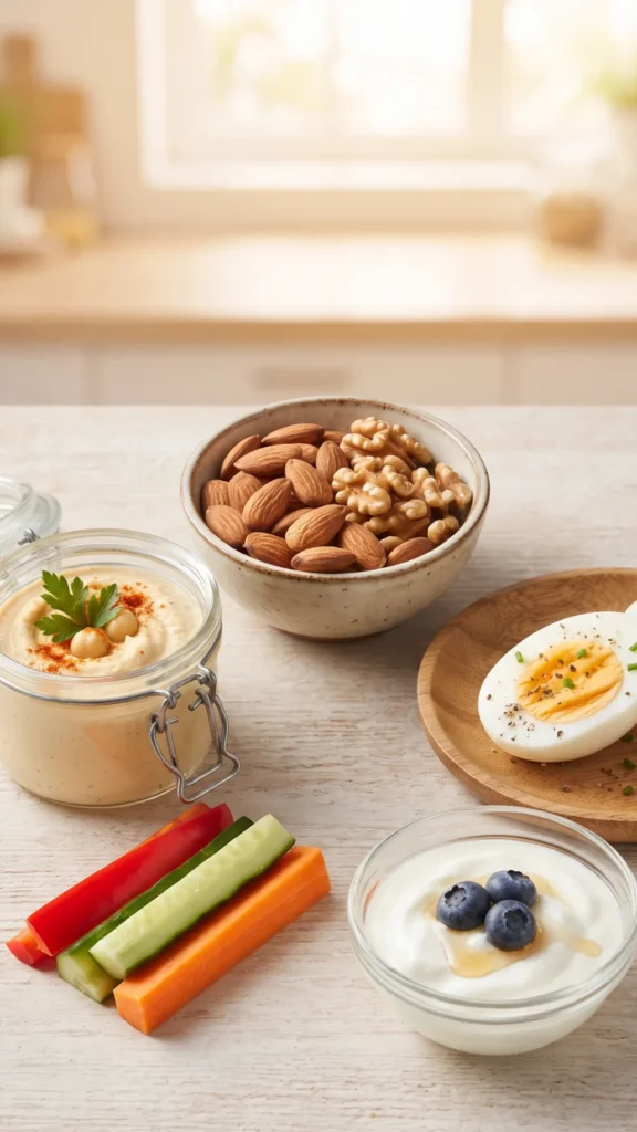 Healthy high-protein snack selection including nuts, hummus, vegetable sticks, hard-boiled egg,
