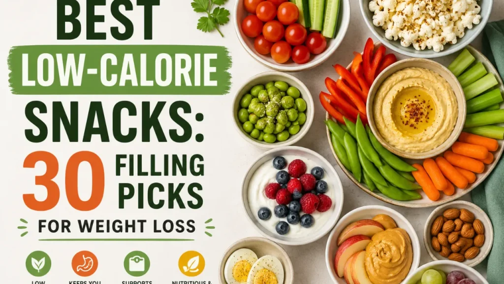 Healthy low-calorie snacks including yogurt with berries, hummus with fresh vegetables, popcorn, boiled eggs, almonds, fruit slices, and edamame, promoting fullness and healthy weight loss.