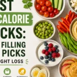 Healthy low-calorie snacks including yogurt with berries, hummus with fresh vegetables, popcorn, boiled eggs, almonds, fruit slices, and edamame, promoting fullness and healthy weight loss.