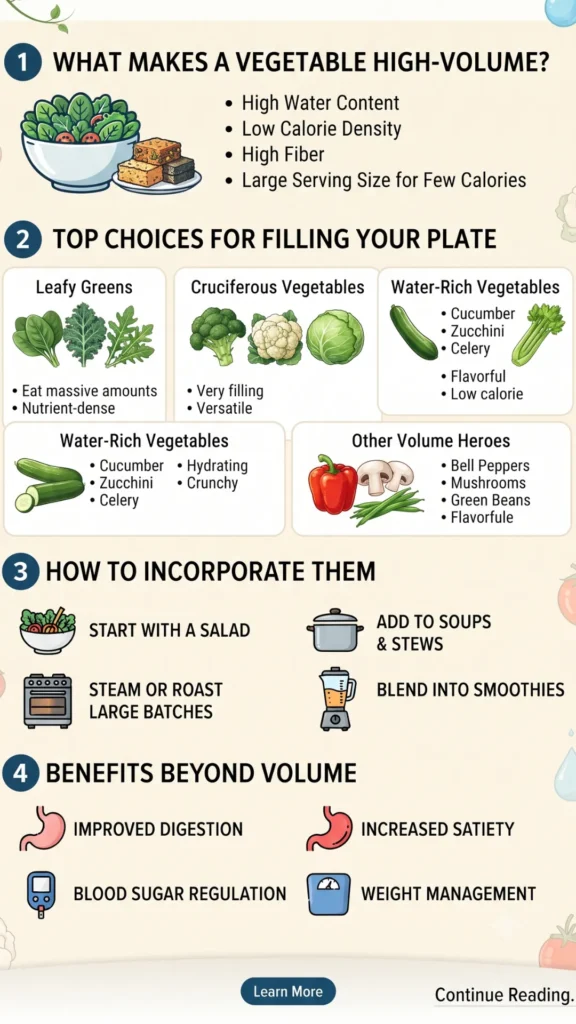 Infographic detailing high-volume, low-calorie vegetables, categorized into Leafy Greens (spinach, kale), Cruciferous (broccoli, cauliflower), Water-Rich (cucumber, celery), and Other Heroes (bell peppers, mushrooms), with tips on how to incorporate them and benefits like improved digestion and satiety

