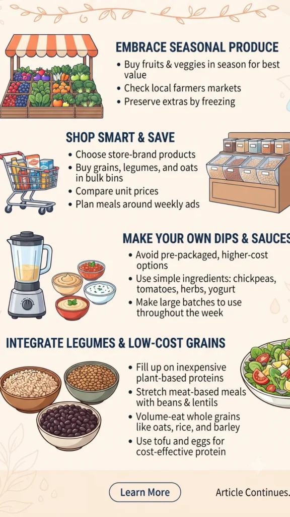  "Budget-Friendly Volume Eating Tips" with illustrated sections on seasonal produce, shopping smart, making homemade dips, and using legumes and low-cost grains.
