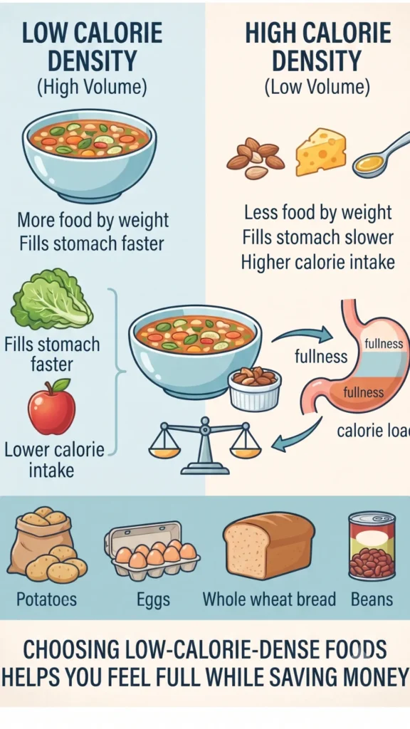 Infographic explaining how low-calorie density foods, such as vegetables, fruits, potatoes, and beans, help increase satiety and save money compared to high-calorie density foods.
