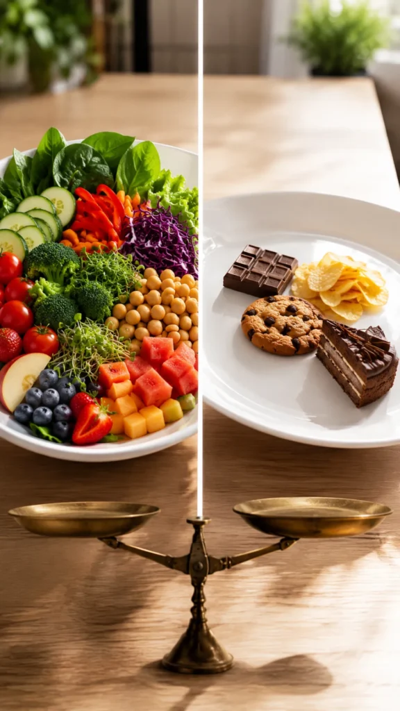 Comparison of high-volume low-calorie foods and calorie-dense snacks, illustrating how calorie density affects fullness, hunger control, and weight loss success.