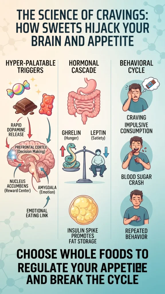 Infographic illustrating how sweets and hyper-palatable foods hijack the brain's reward system, trigger a hormonal cascade of hunger and fat storage, and create a cycle of cravings, overeating,
