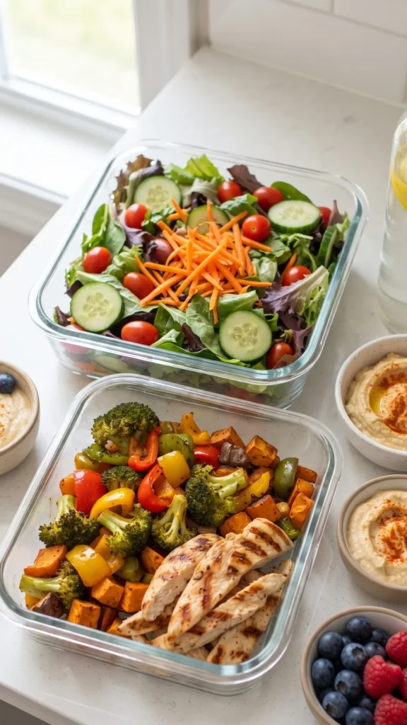 A high-angle shot of glass meal prep containers filled with grilled chicken, roasted broccoli, bell peppers, and a fresh salad with cucumber, cherry tomatoes, and carrots. Additional small bowls contain hummus and berries. The food is arranged on a light-colored kitchen counter by a window.
