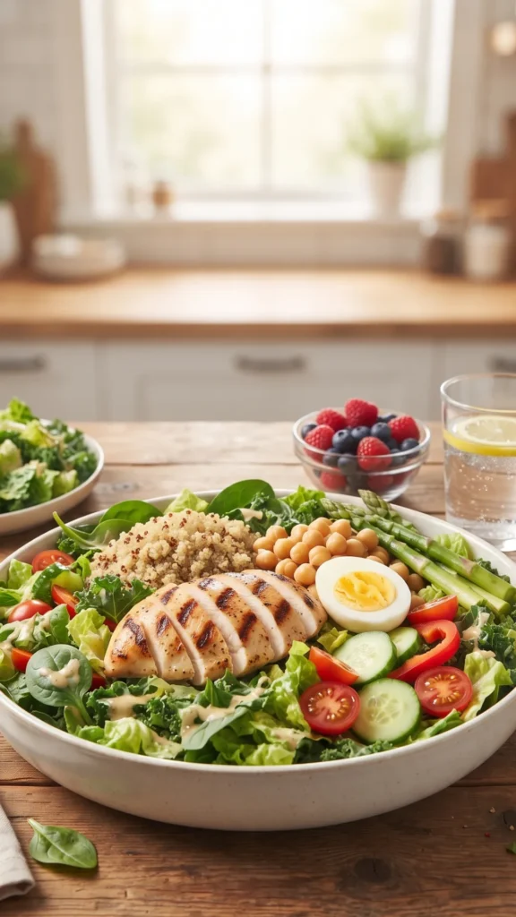 A large, vibrant Cobb salad in a white bowl on a rustic wooden table, featuring grilled chicken, quinoa, chickpeas, a halved hard-boiled egg, asparagus, cucumbers, tomatoes, and mixed greens. In the background are bowls of berries and a glass of water with lemon,
