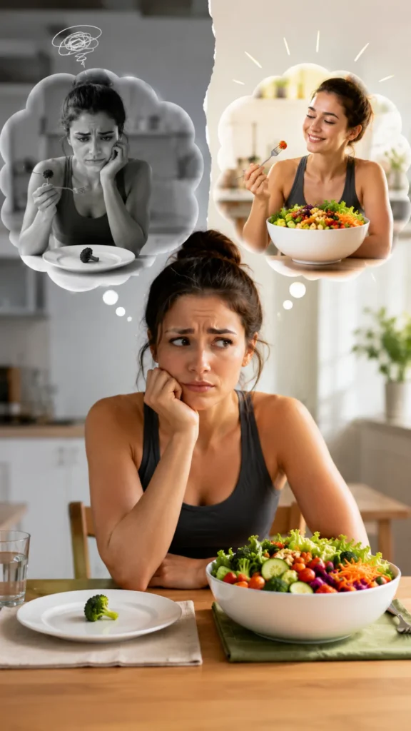 Woman learning common volume eating mistakes, including skipping protein, choosing processed foods, using high-calorie dressings, and poor hydration, while building healthy low-calorie meals for weight loss.
