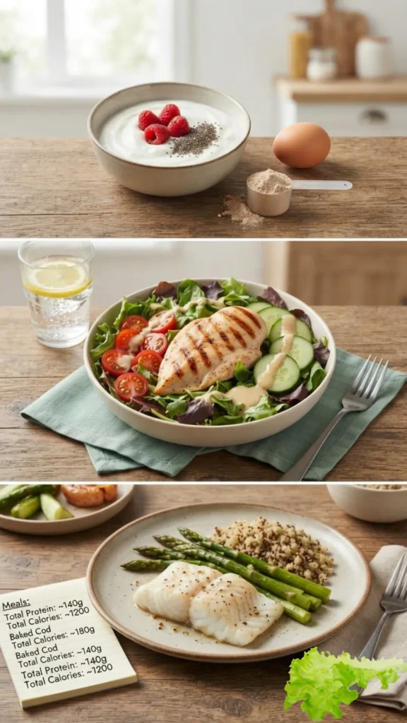 A three-panel vertical collage showing healthy high-protein meals. The top panel displays a bowl of Greek yogurt with raspberries and chia seeds, along with a whole egg and a scoop of protein powder. The middle panel features a chicken breast salad with cherry tomatoes, cucumber, and a creamy dressing. The bottom panel shows a serving of baked cod with asparagus and quinoa, next to a notebook detailing the meal's nutritional information."

