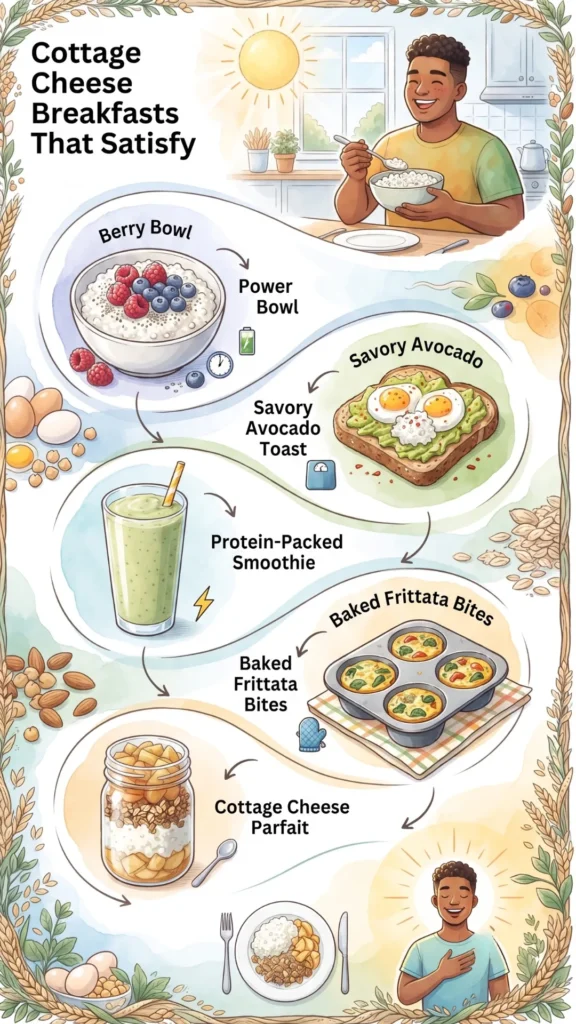 Infographic titled 'Cottage Cheese Breakfasts That Satisfy' showing five options: berry bowl, savory avocado toast with eggs, protein smoothie, baked frittata bites, and a parfait.