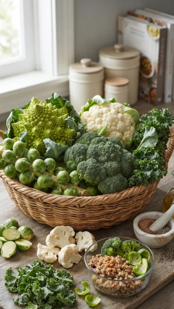 A woven basket filled with various cruciferous vegetables, including Romanesco broccoli, cauliflower, broccoli florets, Brussels sprouts, and kale, rests on a rustic wooden cutting board in a kitchen setting. A glass bowl of grain salad with steamed vegetables, a marble mortar and pestle with flax seeds, and a small bottle of olive oil are also on the counter.
