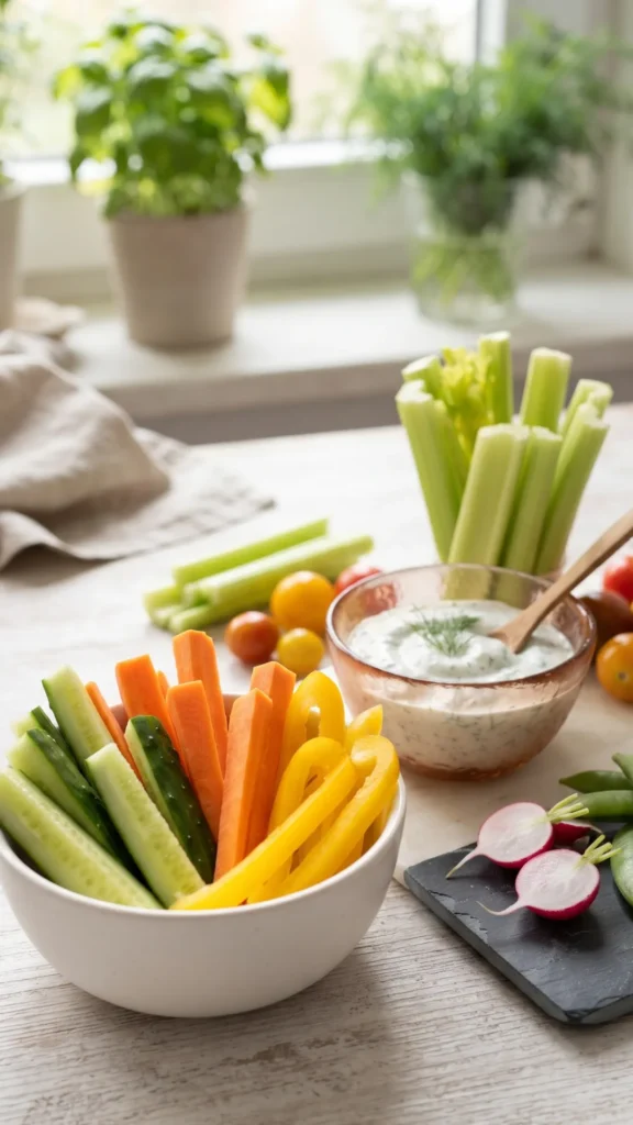 Bowl of fresh vegetable sticks and dip on wooden table.
