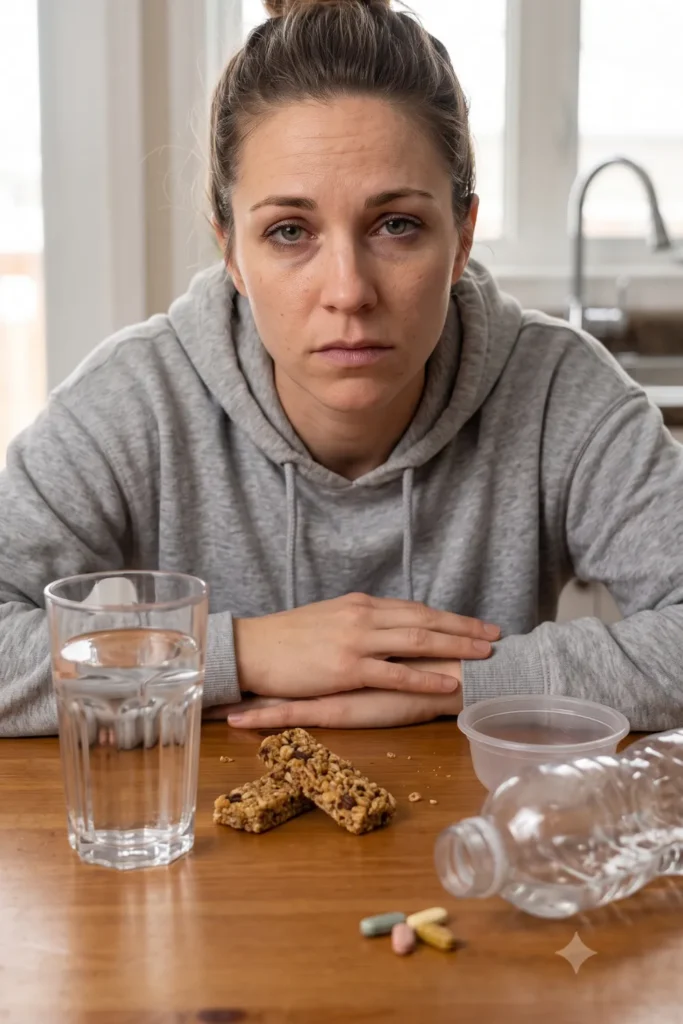 A woman sits at a table with granola bars, water, and pills.					
