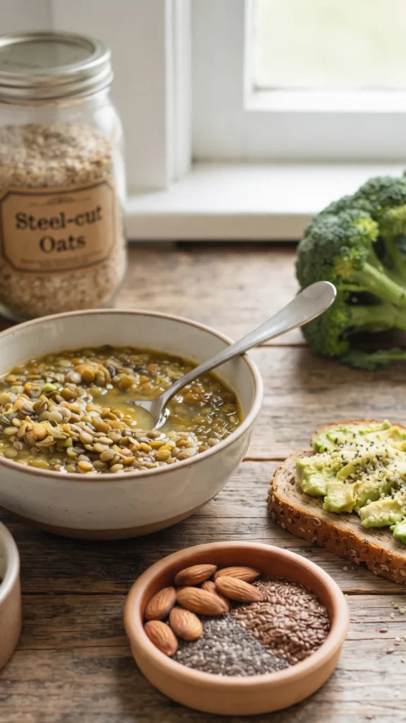 A rustic kitchen scene with a bowl of lentil soup, avocado toast, and a dish of nuts and seeds.
