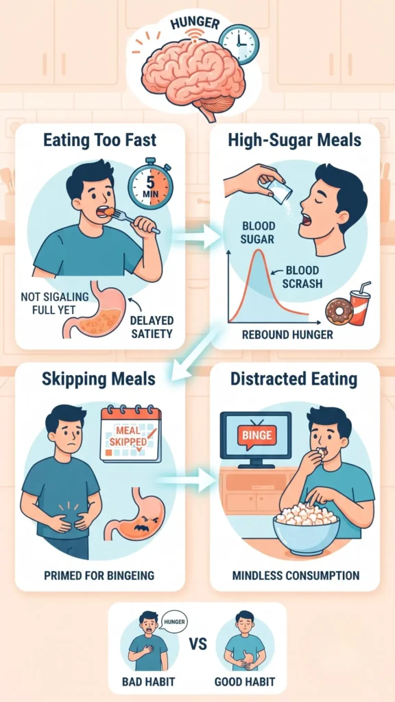 Infographic illustrating eating habits that worsen hunger, showing cause-and-effect loops for eating too fast, high-sugar meals, skipping meals, and distracted eating,
