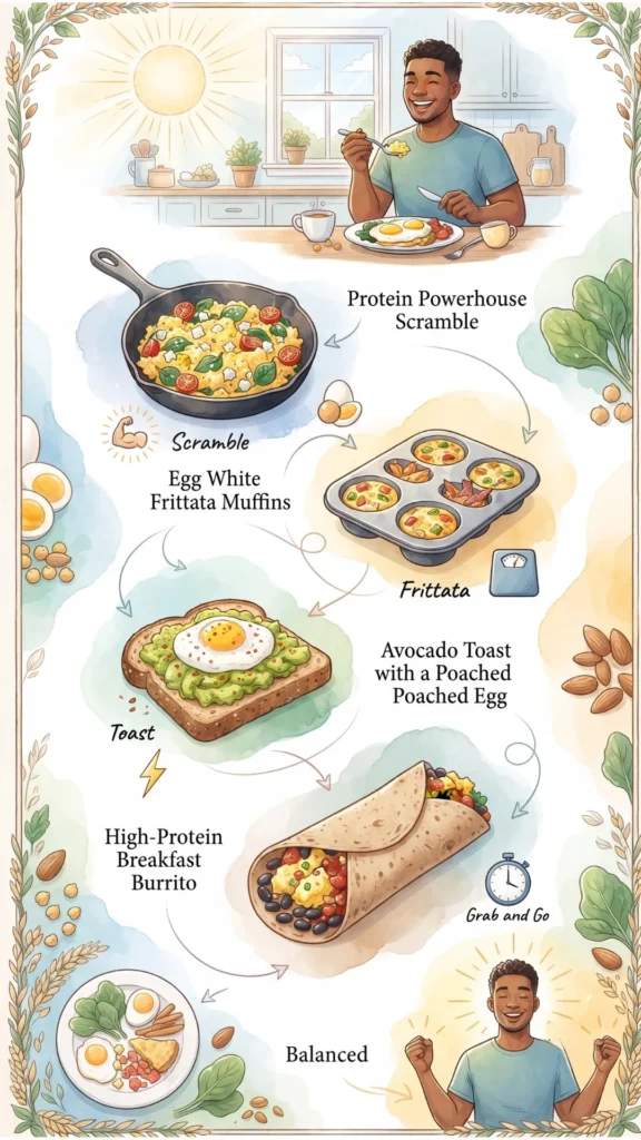 Infographic illustrating various egg-based breakfast options for protein, including scrambles, frittata muffins, avocado toast with poached egg, and breakfast burritos, leading to a balanced meal.