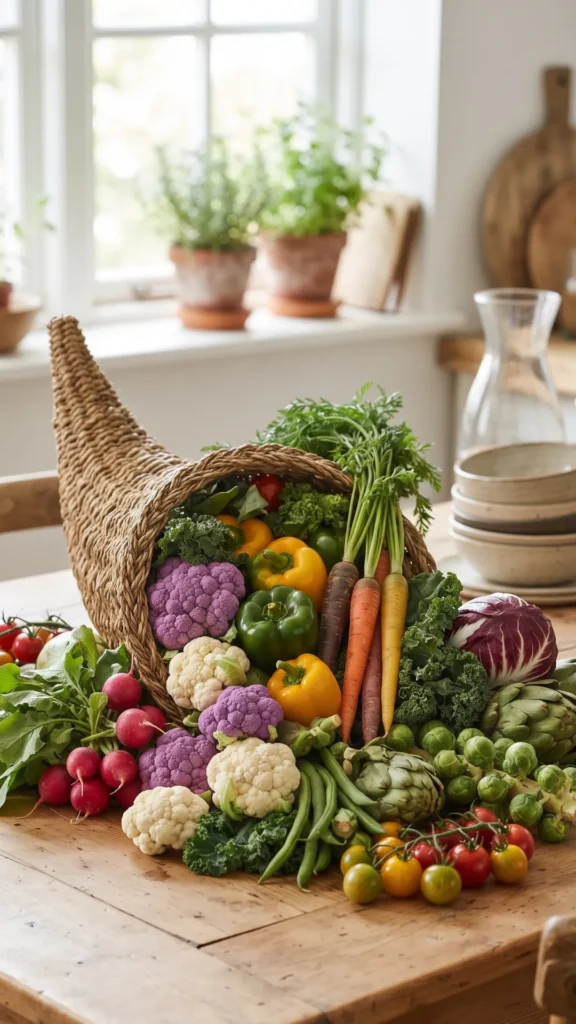 A woven cornucopia overflowing with fresh vegetables, including purple and white cauliflower, heirloom carrots, radishes, bell peppers, kale, artichokes, Brussels sprouts, green beans, and cherry tomatoes, rests on a rustic wooden table. A window with potted herbs is in the background.

