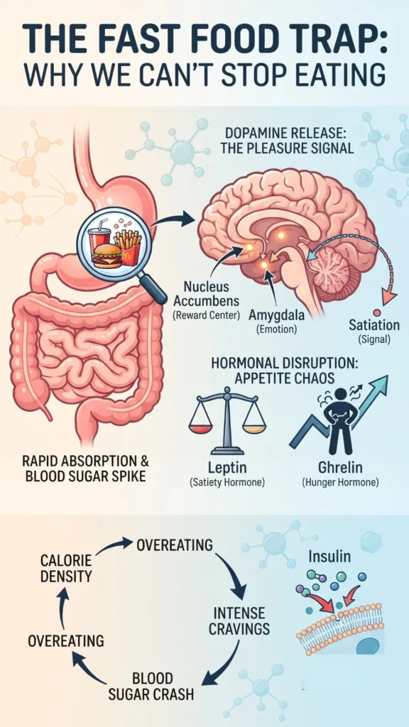 Infographic illustrating the biological cycle of fast food addiction, from rapid absorption and dopamine release to hormonal disruption and insulin resistance,
