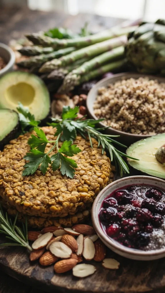 A variety of high-fiber, healthy foods including a lentil patty, quinoa, avocado, berries, chia seeds, asparagus, artichoke, and almonds arranged on a rustic wooden board.
