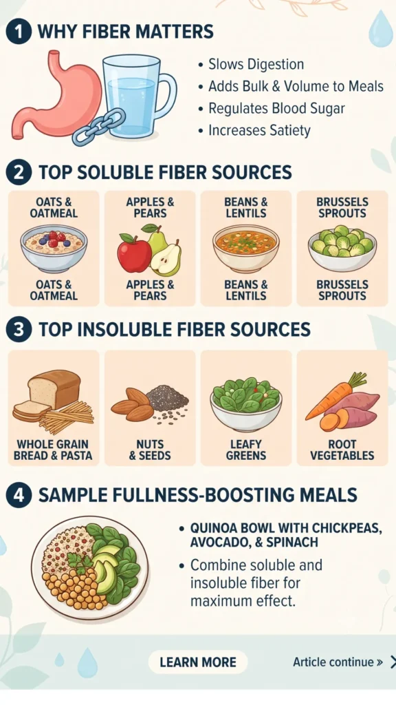  featuring sections on why fiber matters, top soluble sources (oats, apples), top insoluble sources (whole grains, nuts),
