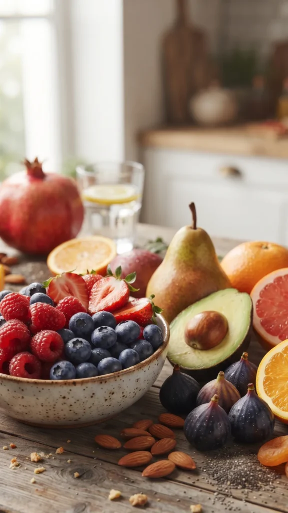 A vibrant, abundant spread of fresh, fiber-rich fruits on a rustic wooden counter, including a bowl of mixed berries, halved avocado, pear, citrus slices,
