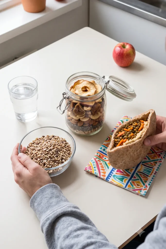 An overhead shot of a clean kitchen counter featuring a glass of water, a central glass jar of granola and dried fruit, and a glass bowl of seeds held by a person. Another hand holds an open pita bread filled with lentils and carrots on a colorful napkin. A single apple and a window sill with a plant are visible.
