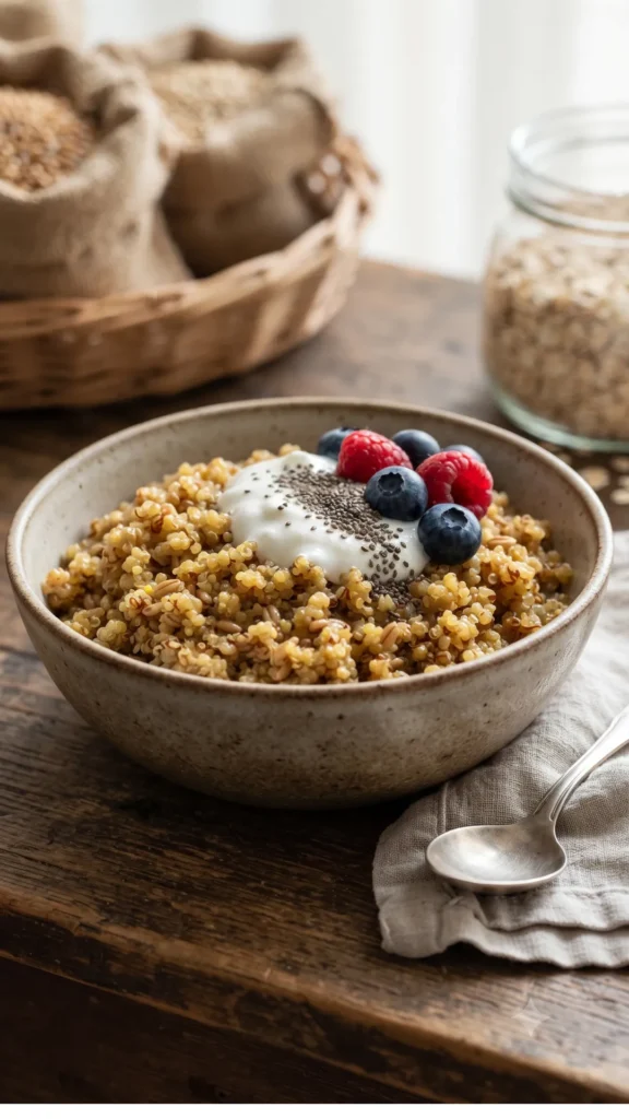 A bowl of cooked whole grains topped with yogurt, chia seeds, raspberries, and blueberries, served on a rustic wooden table with a small spoon.
