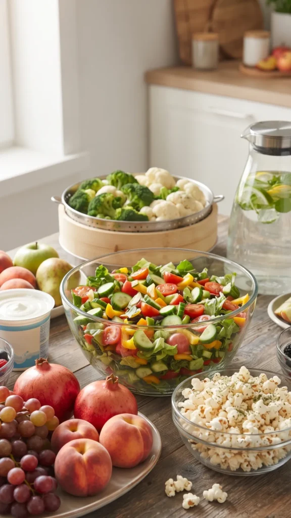 An overhead photograph on a rustic wooden kitchen counter showcasing a diverse assortment of healthy, high-volume, low-calorie foods: a large glass bowl of fresh salad with mixed greens, cucumbers, and tomatoes; a bowl of air-popped popcorn; a platter of grapes, peaches, and pomegranates; a tub of Greek yogurt; a bowl of mixed berries; a steamer of broccoli and cauliflower; and a glass pitcher of fruit-infused water. The scene is bathed in natural light from a window.