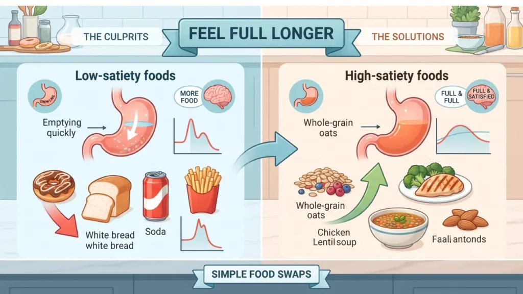 Infographic flowchart contrasting the effects of low-satiety foods (donuts, bread, soda, fries) and high-satiety foods (oats, chicken, soup, almonds) on stomach emptying, blood sugar, and feelings of fullness, without using the main text from image_62.png as a heading.