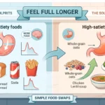 Infographic flowchart contrasting the effects of low-satiety foods (donuts, bread, soda, fries) and high-satiety foods (oats, chicken, soup, almonds) on stomach emptying, blood sugar, and feelings of fullness, without using the main text from image_62.png as a heading.