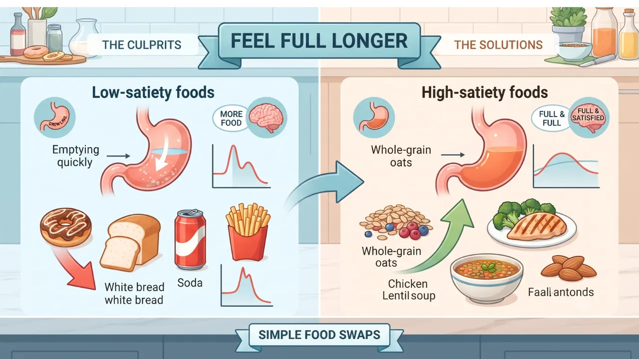 Infographic flowchart contrasting the effects of low-satiety foods (donuts, bread, soda, fries) and high-satiety foods (oats, chicken, soup, almonds) on stomach emptying, blood sugar, and feelings of fullness, without using the main text from image_62.png as a heading.