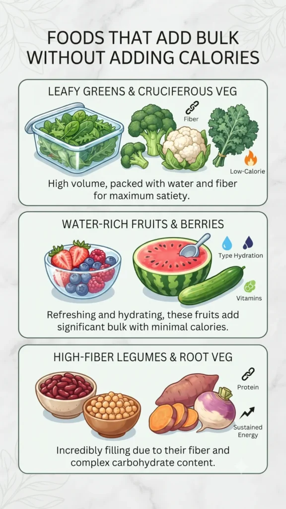 Infographic categorizing high-bulk, low-calorie foods into Leafy Greens & Cruciferous Veg, Water-Rich Fruits & Berries, and High-Fiber Legumes & Root Veg.