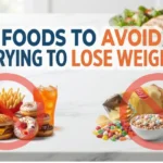 Infographic displaying examples of foods to avoid for weight loss, including fast food, snacks, and sweets, contrasted with a background showing healthy options like fruits, salad, and nuts.