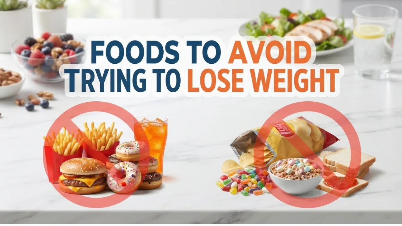 Infographic displaying examples of foods to avoid for weight loss, including fast food, snacks, and sweets, contrasted with a background showing healthy options like fruits, salad, and nuts.