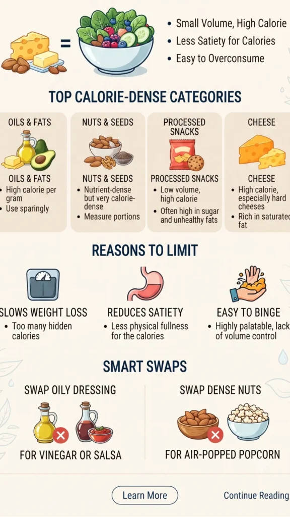  "Foods to Limit on Volume Eating" compares high-calorie density foods (small volume, less satiety) to low-calorie density foods, lists top calorie-dense categories (oils, nuts, processed snacks, cheese) with reasons and examples, and offers smart swaps (e.g., vinegar for oily dressing)
